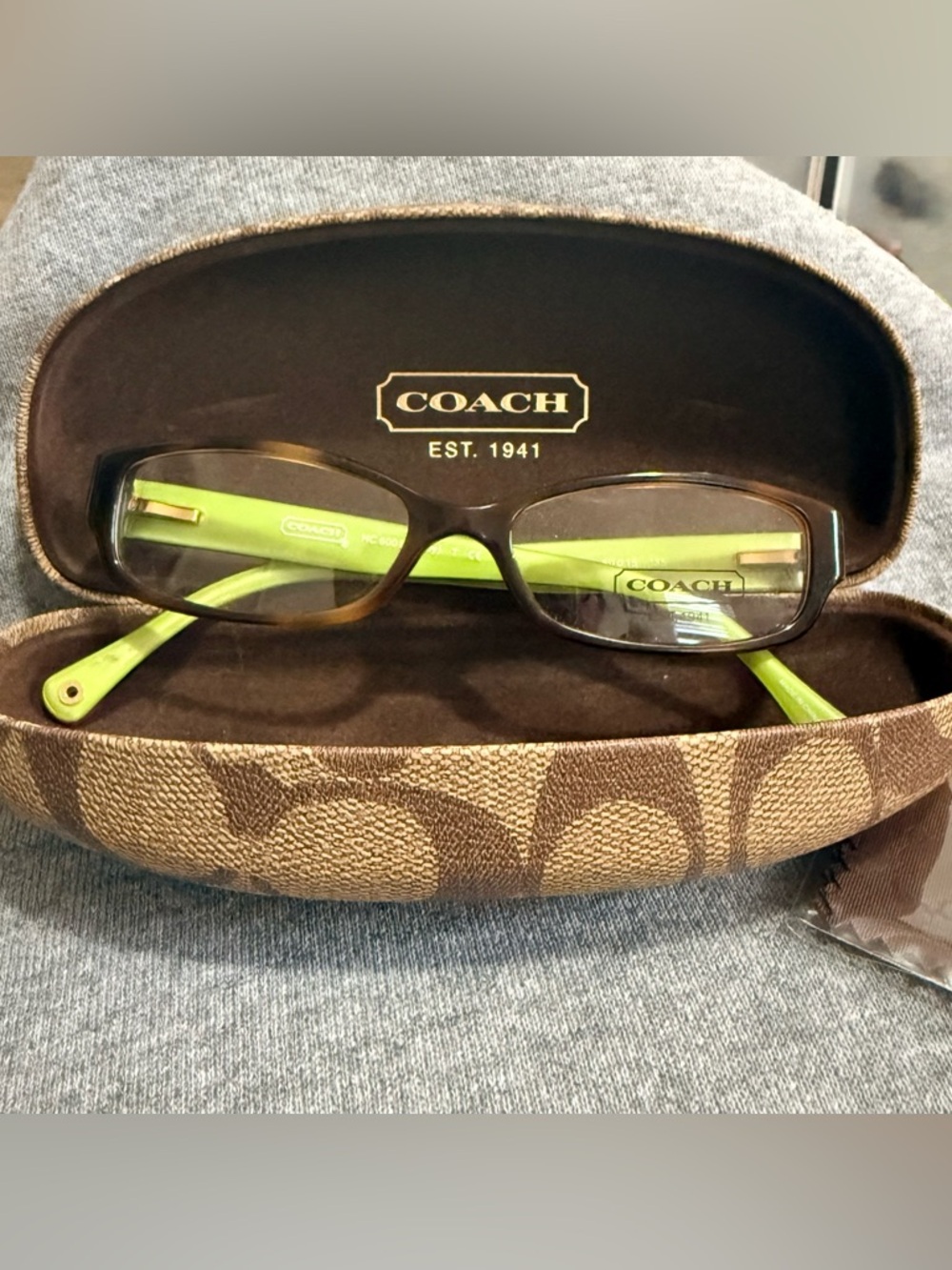 COACH Brown Tortoise Frame Eyeglasses with Lime Green arms. Emily style